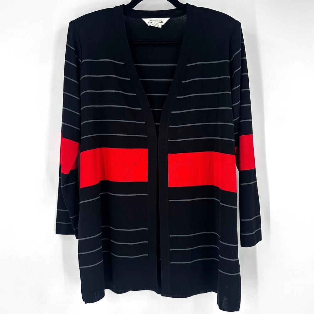 Misook Cardigan Black Red Stripe LS Open Front Sweater Medium